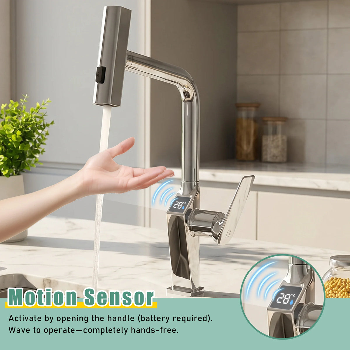 Touchless Kitchen Faucet Chrome LED Display Motion Sensor Sink Mixer with 3-Function Pull Down Sprayer 360° Swivel Spout
