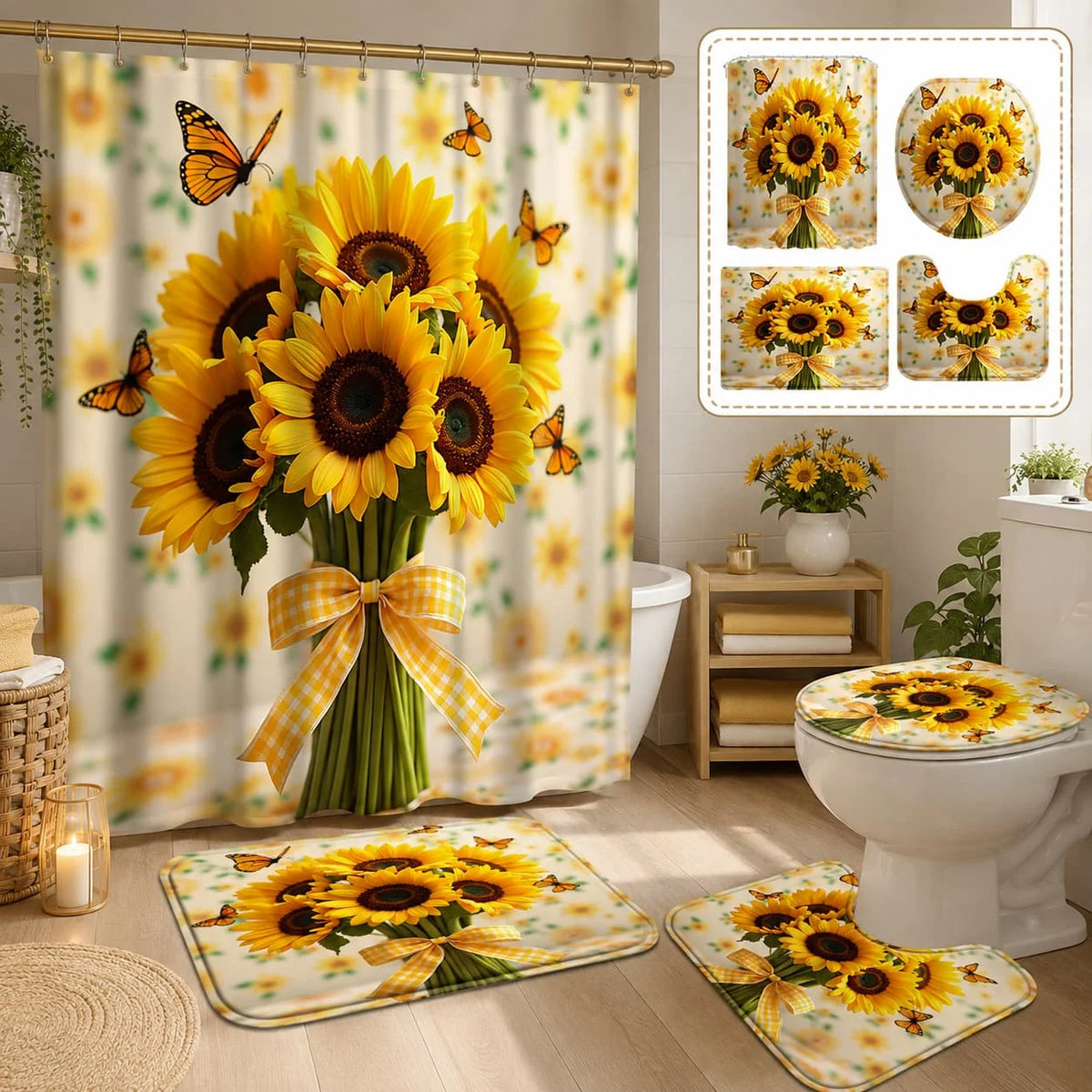 4pcs Sunflower And Butterfly Printed Shower Curtain Set - High-Quality Shower Curtain with 12 Hooks, Non-Slip, Toilet And U-Shaped - Modern Decorative Bathroom
