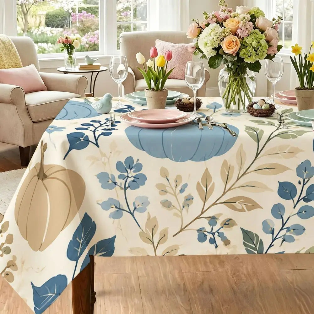 Fall Harvest Dining Tablecloth - Blue Pumpkins And Floral Pattern, Cream Farmhouse Style Decor, Durable Fabric, Rectangular, Suitable for Autumn Home Kitchen, Thanksgiving Dinner, Holiday Party, Dining Room Table Cover, Indoo