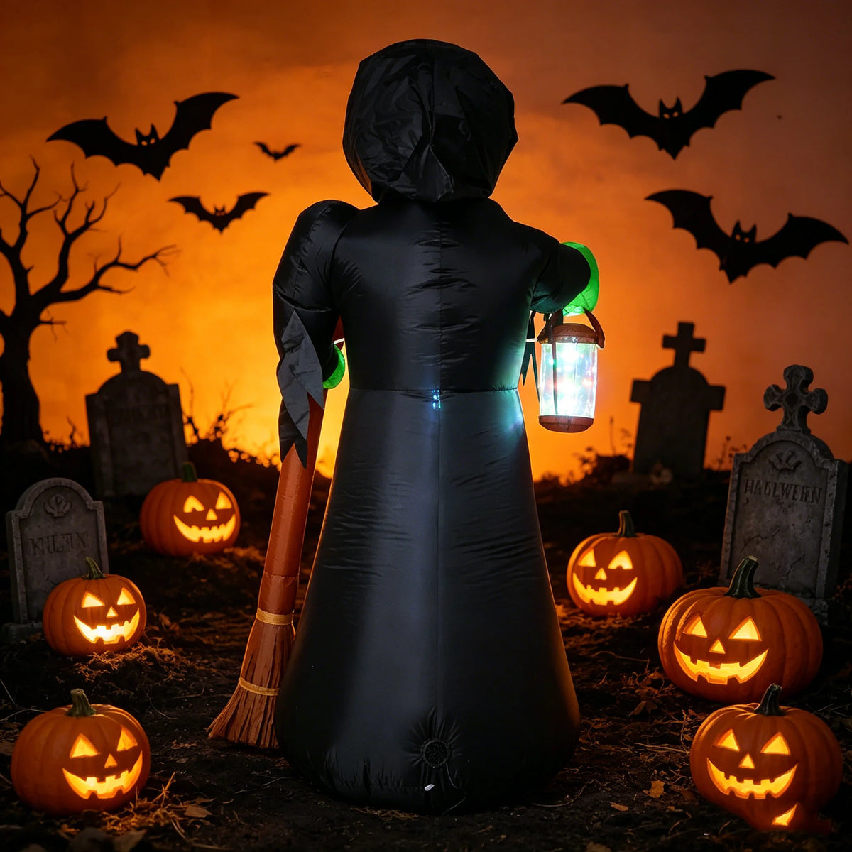 Halloween Inflatable Grim Reaper with LED Lights, Scythe & Lantern, Outdoor Yard Decoration, Pumpkin Ghost Tombstone Party Decor, Holiday Blow Up Ornament