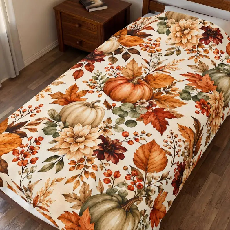 Autumn Pumpkins Floral Fall Leaves Velveteen Plush Blanket, Fall Home Livingroom, Bedroom Decor