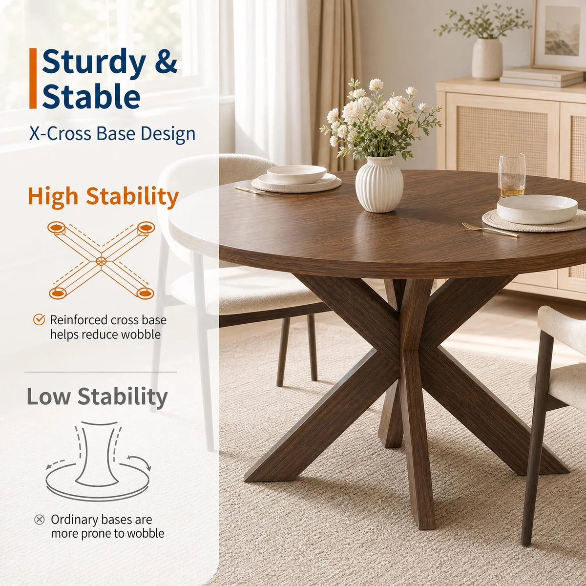 47" Round Dining Table For 4-6, Farmhouse Wood Kitchen Table With X Pedestal Base, Circle Table For Dining Room Apartment Restaurant
