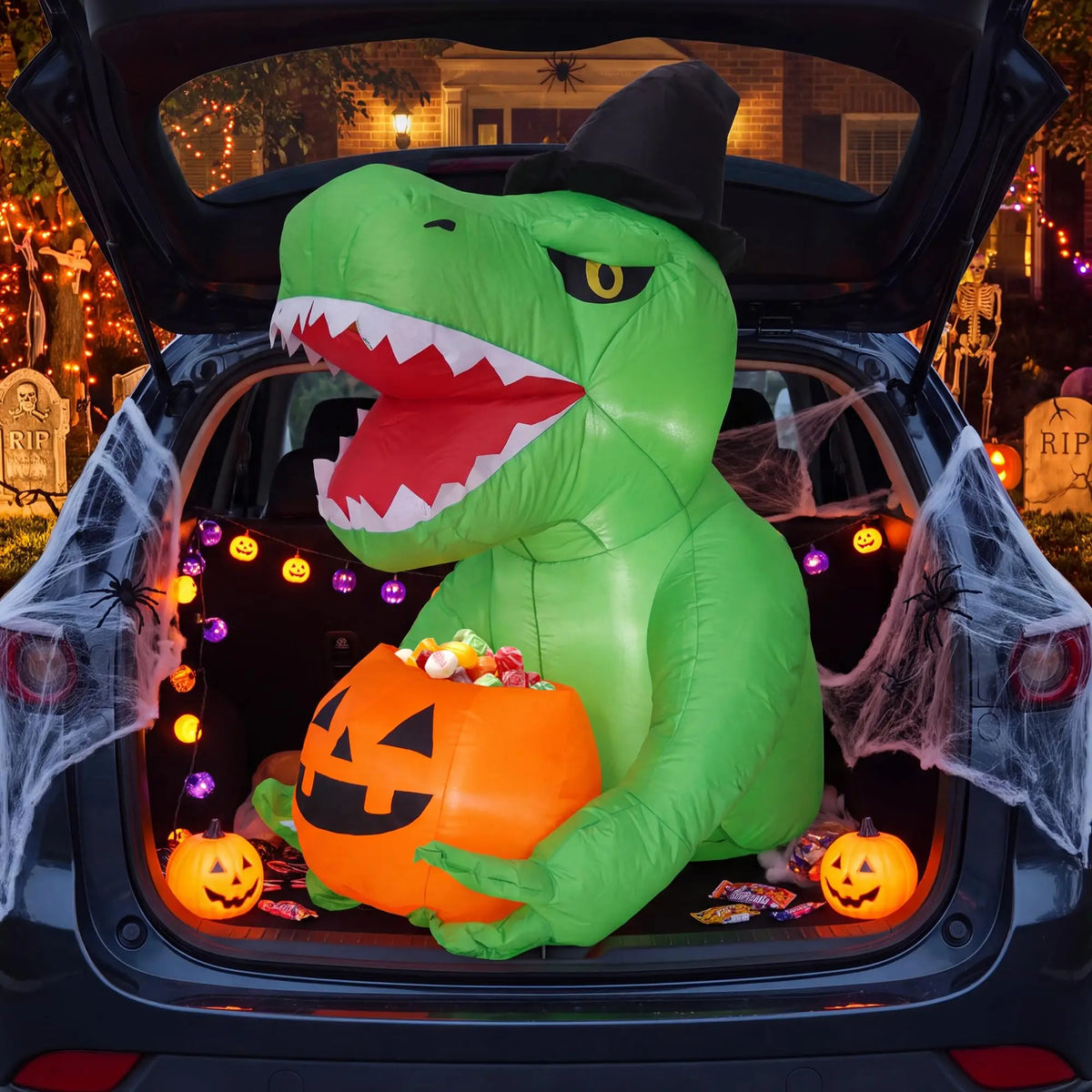 4.5ft Halloween Inflatable Dinosaur Trunk Or Treat Car Decoration With Led Lights Pumpkin Blower For Suv Truck Outdoor Party