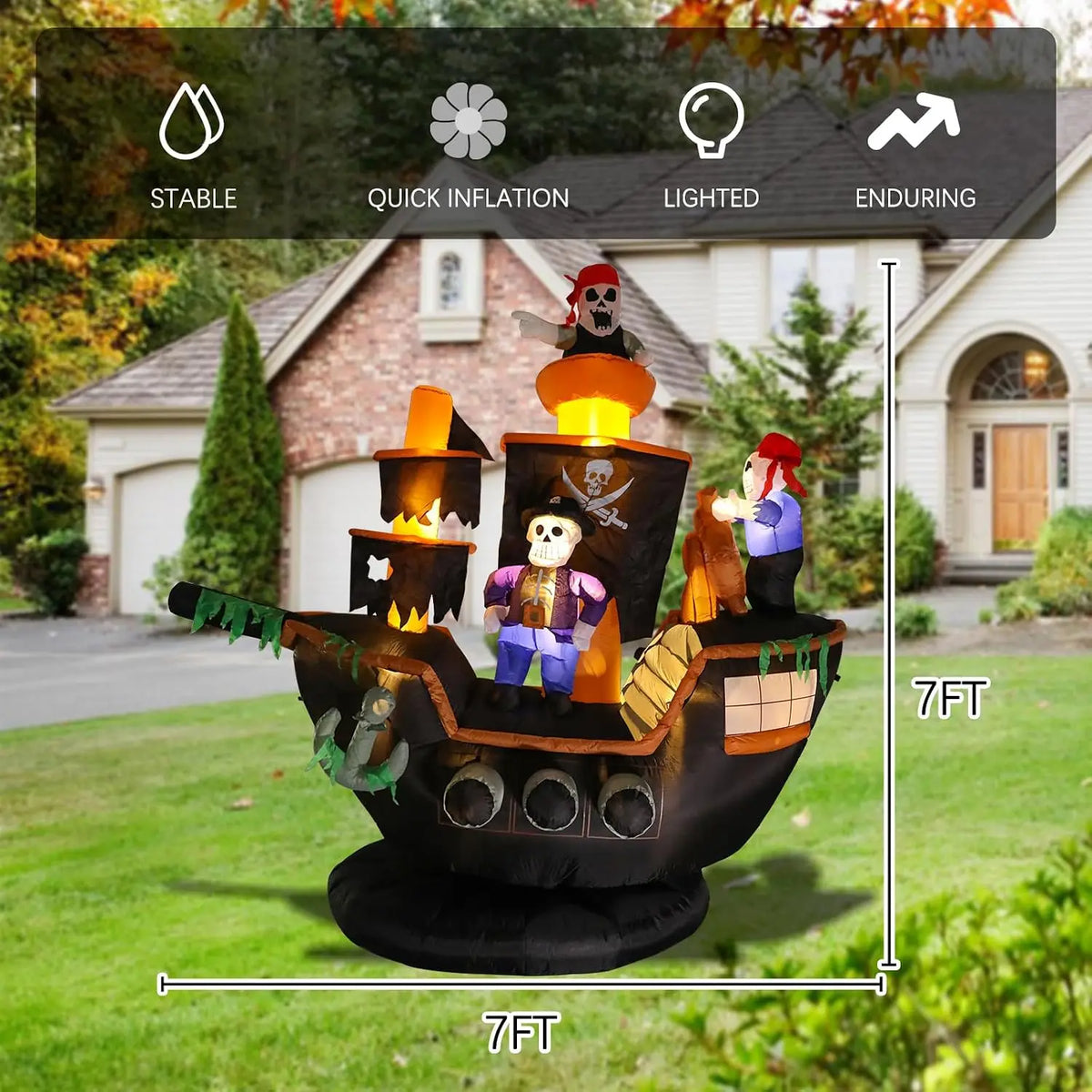 Outdoor Halloween Inflatable Decorations, 7ft Giant Pirate Ship Yard Decoration with Skeleton & Ghost Figures, Built-in LED Lights, Blow Up Lawn Ornament for Patio Party