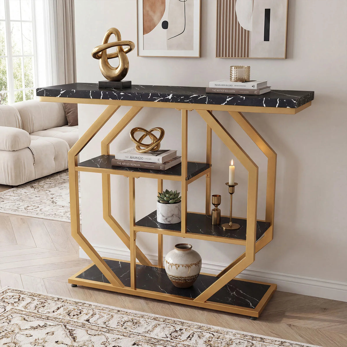40” Console Table w/ Storage Shelves, Geometric Metal Frame for Hallway, Entrance