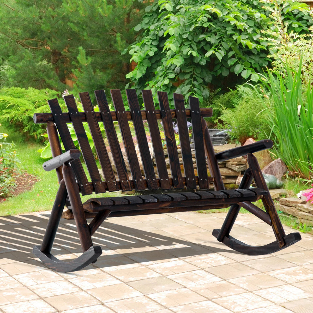Wooden Adirondack Rocker Loveseat 2 Seat Wood Rocking Chair Porch Carbonized