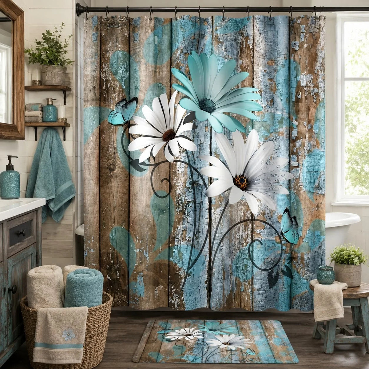 2D Flat, 2D Flat Banner 1pc 70.9X70.9Inch Farmhouse Flower Floral Shower Curtain, Rustic Teal Turquoise Daisy Shower Curtain, Country Blue Wild Garden Plant Fabric Shower Curtain with Hooks, Surreal Bathroom Curtain
