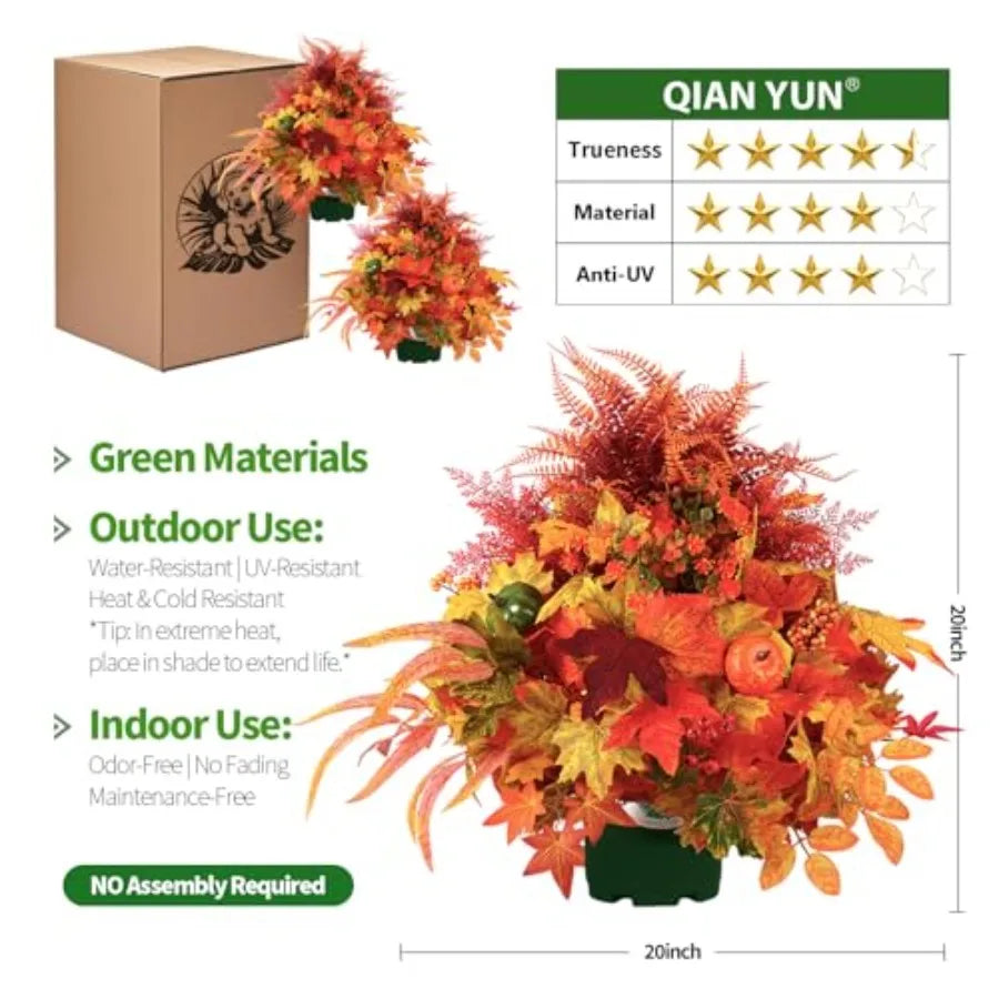 Outdoor autumn decor: artificial pumpkin and maple leaf potted plants, 20-inch fall flowers in orange and red, weather-resistan