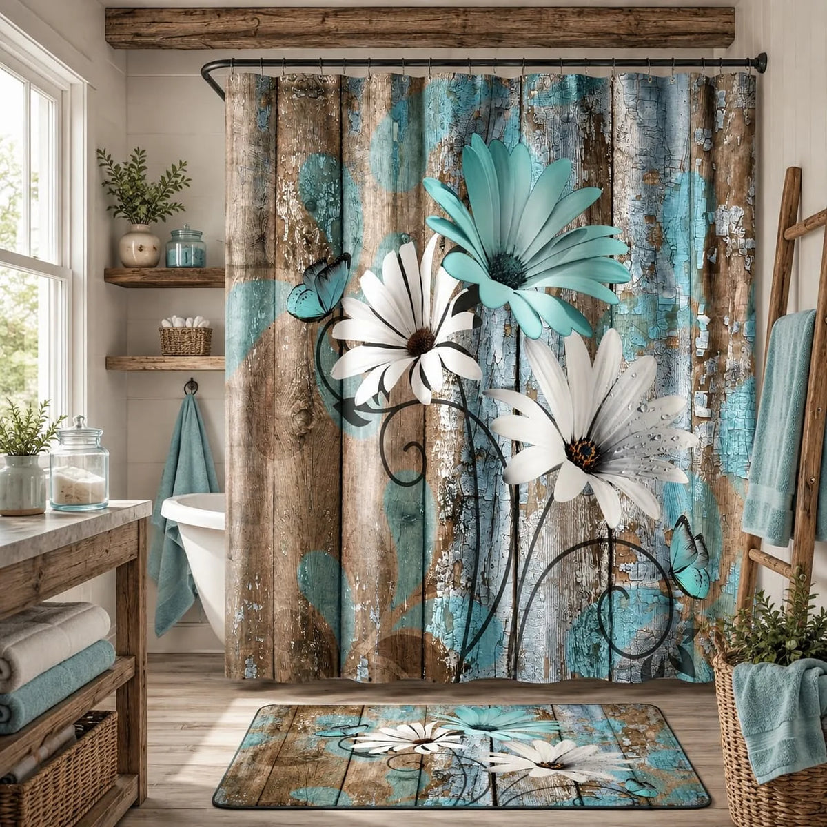2D Flat, 2D Flat Banner 1pc 70.9X70.9Inch Farmhouse Flower Floral Shower Curtain, Rustic Teal Turquoise Daisy Shower Curtain, Country Blue Wild Garden Plant Fabric Shower Curtain with Hooks, Surreal Bathroom Curtain