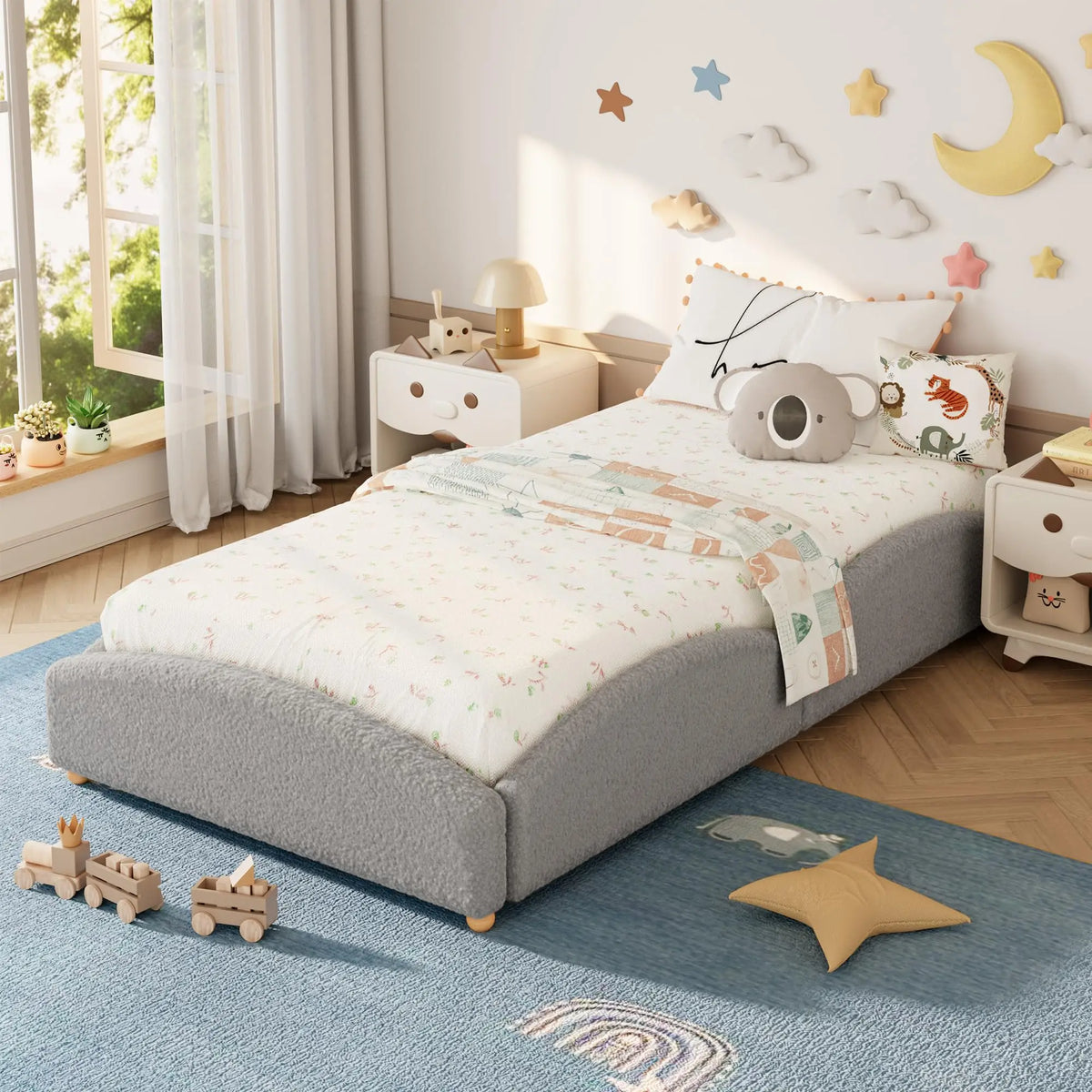 Cloud Design Upholstered Floor Bed for Kids – Soft Soft bear Fabric Low-Profile Daybed with Raised Sides, Educational method-style-inspired Platform Bed for Boys & Girls – Twin/Twin-XL, Pink/Light Grey/Beige