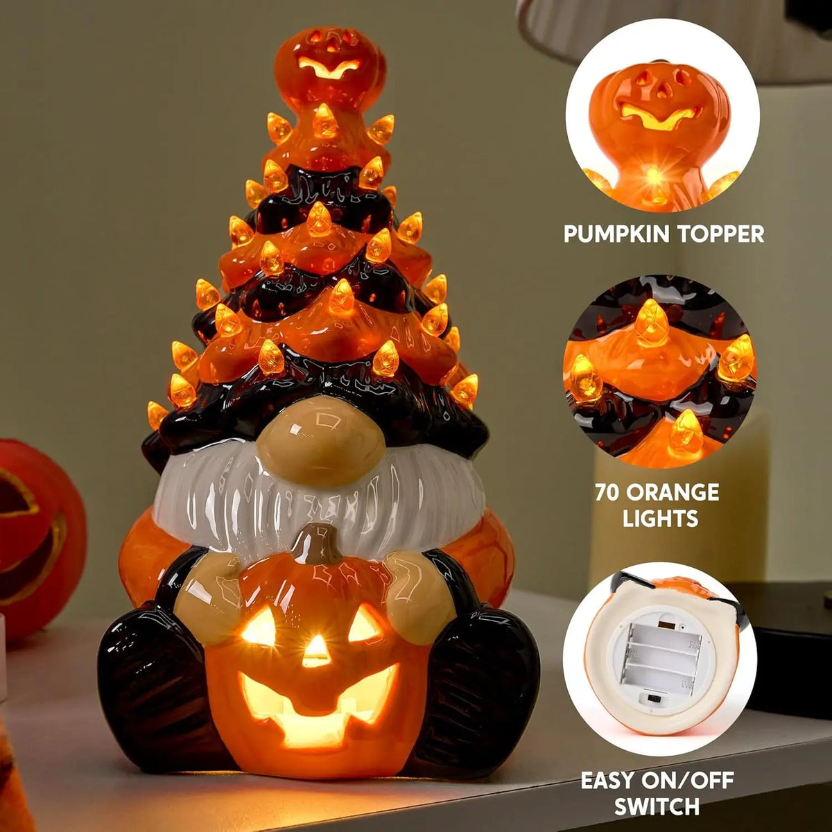 8.5inch Pumpkin Gnome Ceramic Tree Halloween Decoration with Build-in LEDs Tabletop Decor for Halloween Indoor Party Supplies Decoration, Battery Operated, Home Party Decors