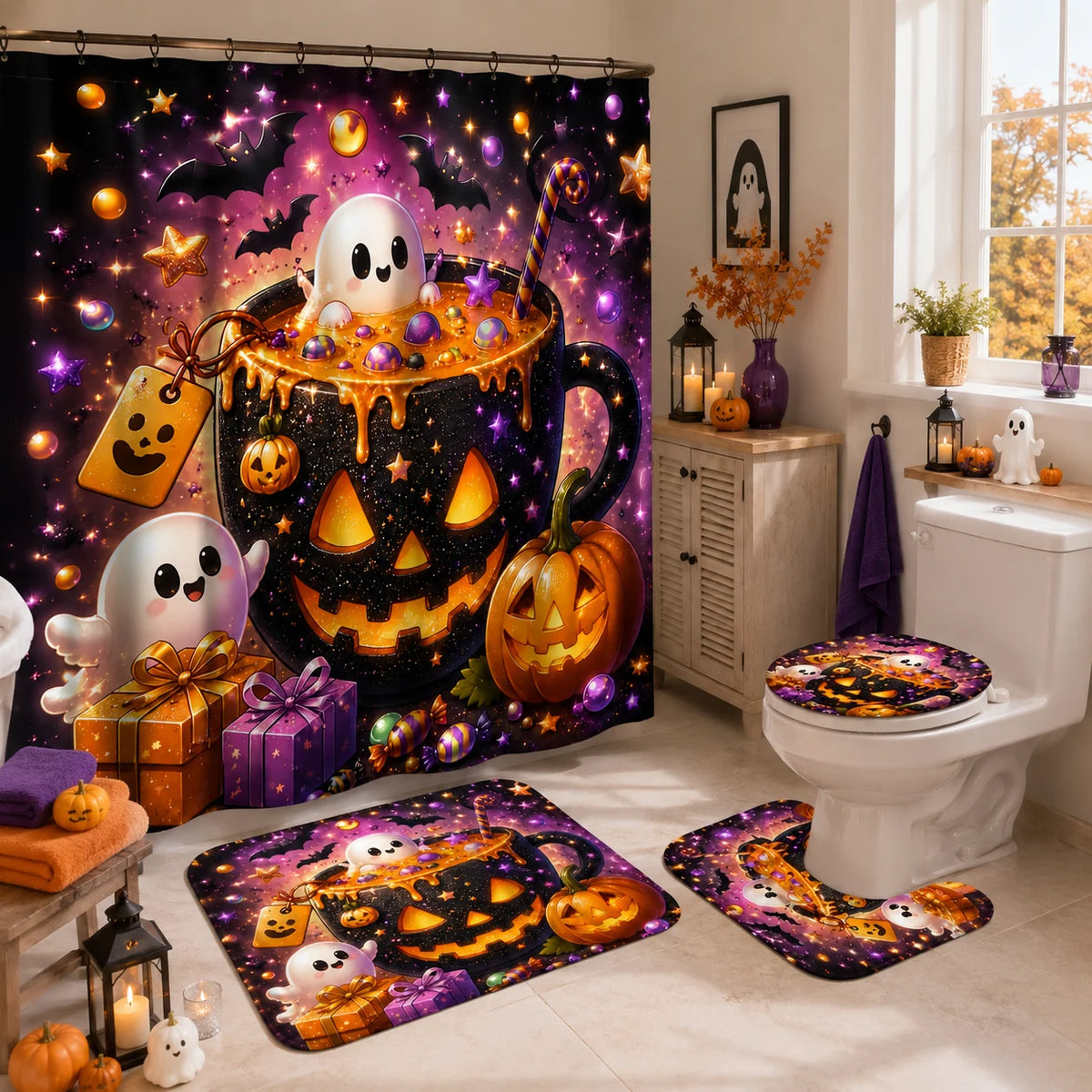 4pcs Halloween Glitter Star Pumpkin Mug Cute Ghost Candy Gift Box Shower Curtain Set, Halloween Decor Bathroom Curtain Set With 12 Hooks Include Non-Slip Bathroom, Toilet U-Shape, Toilet Lid Cover, Fashion Bathroom Accessorie