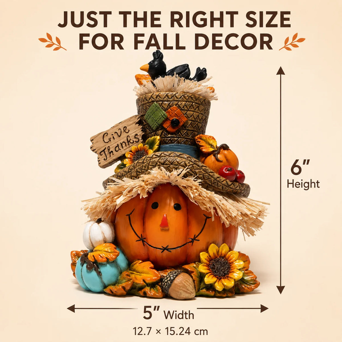 Hodao Resin Thanksgiving Harvest Scarecrow Figurine Figure Model, Pumpkin Face Autumn Decor with Give Thanks Sign & Cute Black Crows, Rustic Farmhouse Tabletop Statue with Straw Hat & Sunflower, Holiday Accent Ornament for Ho