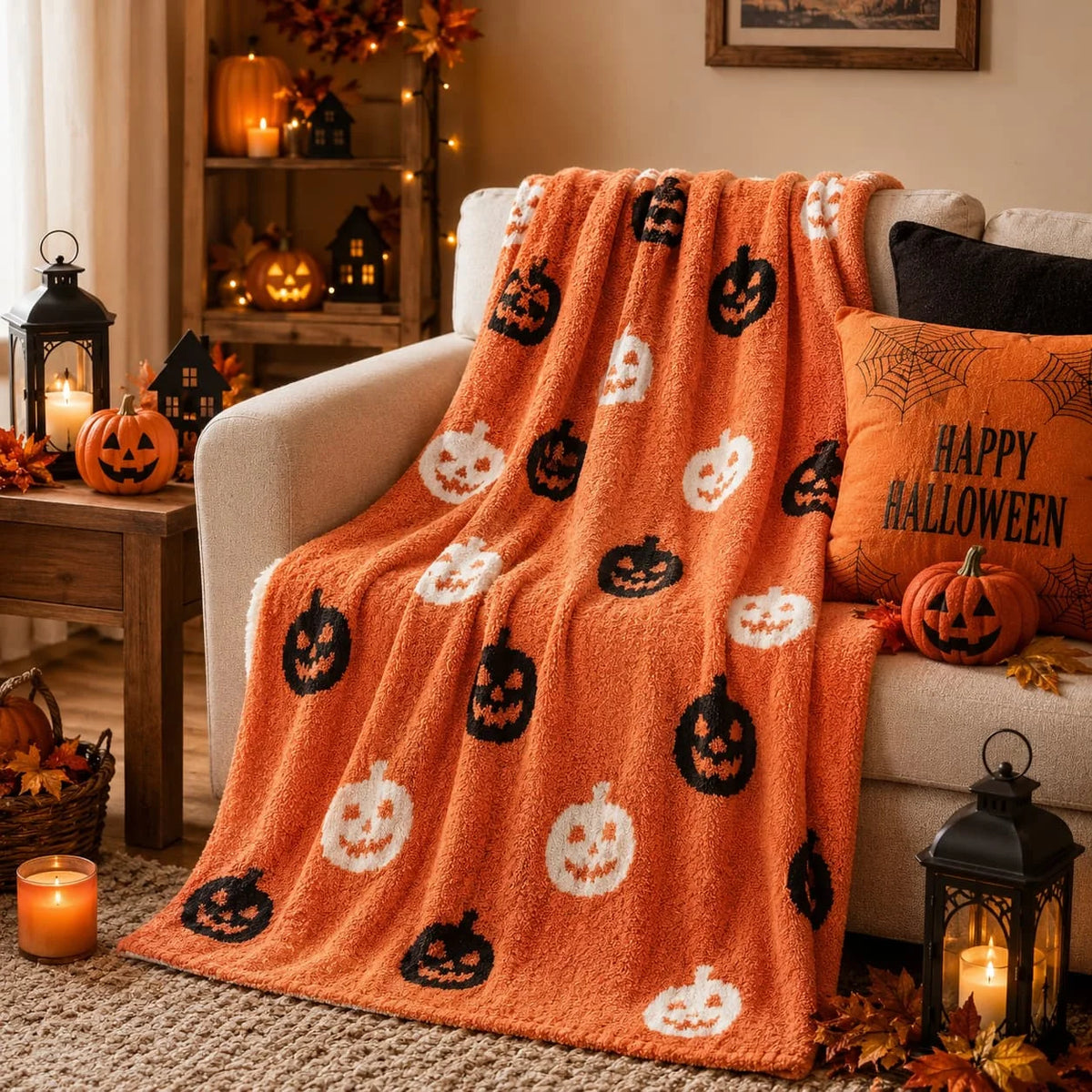 Snuggle Sac Halloween Throw Blanket Orange Pumpkin Blanket, Black Striped Halloween Throw Blanket for Couch 50x60 inches, Ultra Soft Decorative Striped Pumpkin Blanket