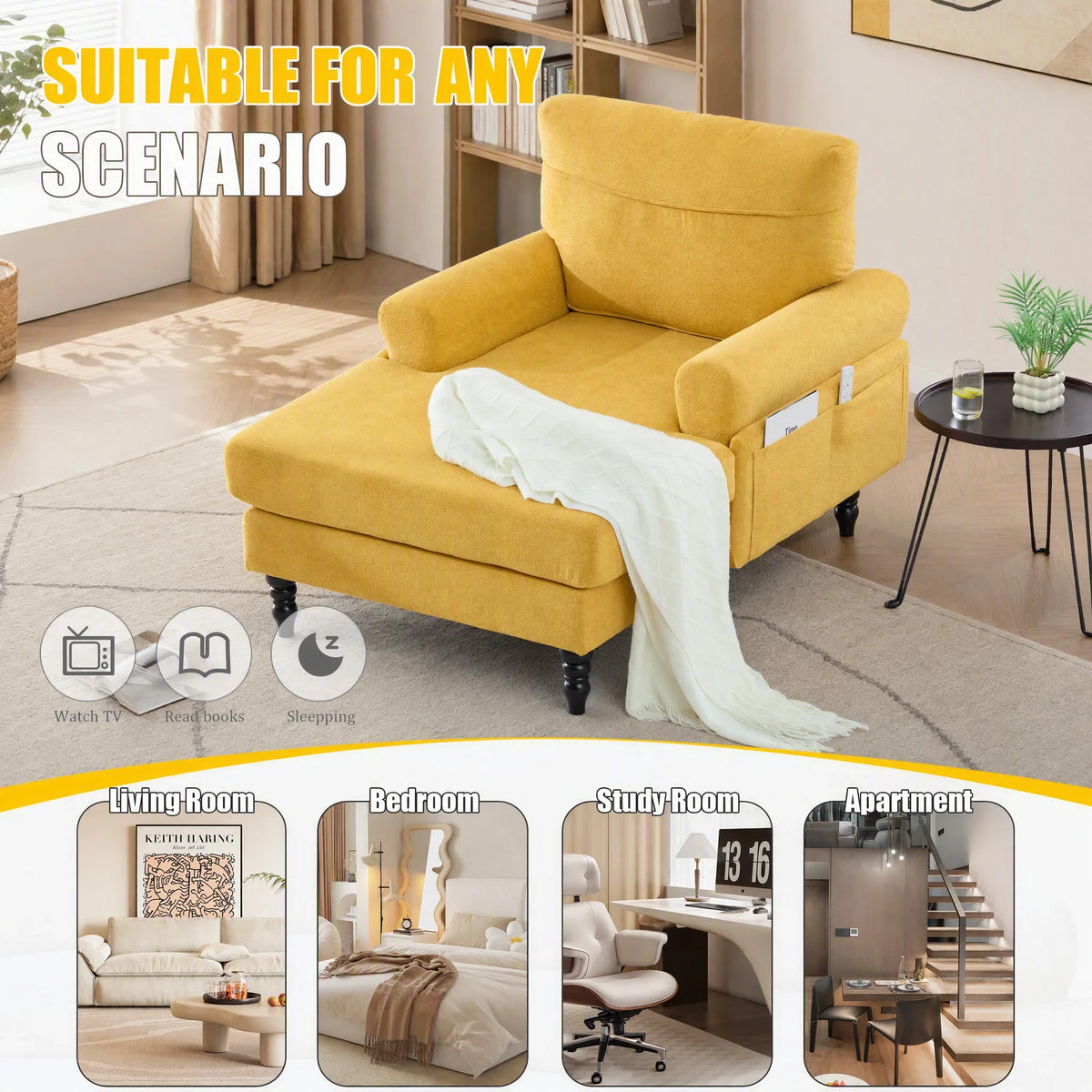 49.4-inch Modern Minimalist Chenille Fabric Single Sofa With Comfortable Backrest and Armrests Featuring Side Storage Pockets Suitable For Living Room Bedroom or Office