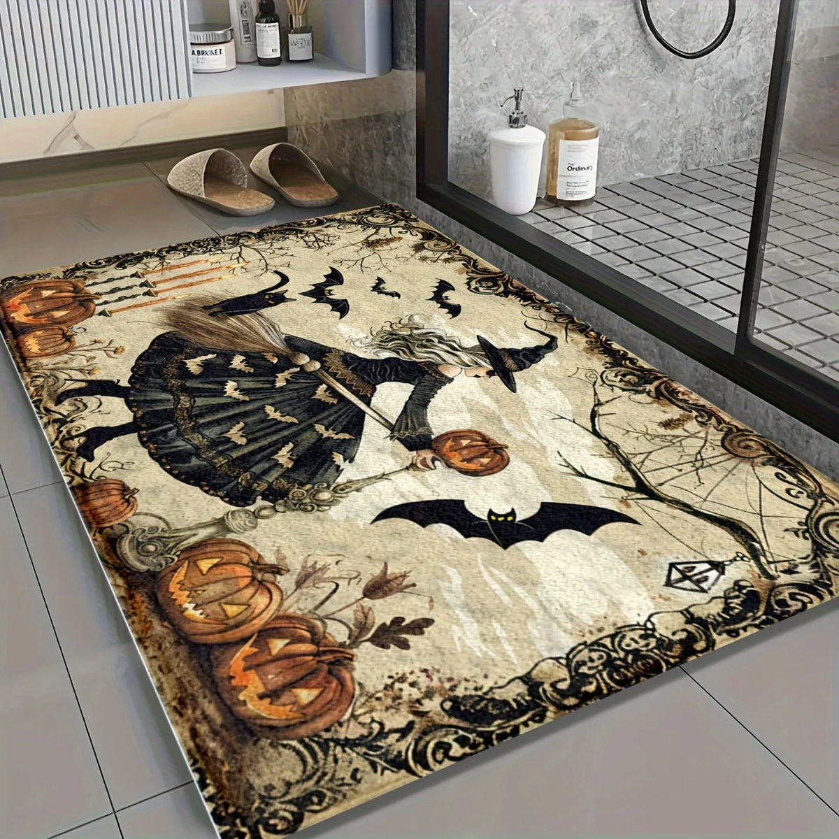 1pc 2D Flat Halloween Bathroom Mat Microfiber Non-slip Mat, Wicked Witch Pattern, Imitation Cashmere Material, Machine Washable, Halloween Decoration, Suitable for Kitchen, Bathroom, Shower, Can Be Given as a Gift, 2D Flat