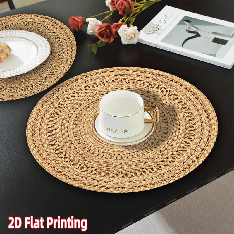 4-Pack Natural Fiber Round Placemats, Suitable for Parties and Gatherings. The table mats feature a woven natural fiber design with machine-washable fabric, ideal for decorative table settings, dining tables and Christmas dec