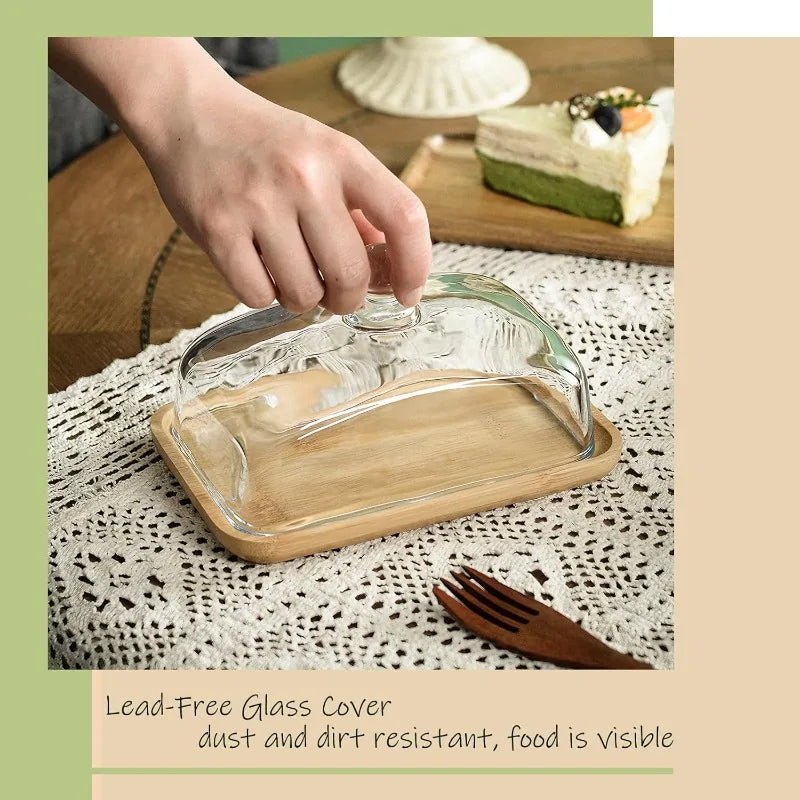1PC Wooden Butter Dish with Clear Dome Vintage Multipurpose Dessert Pastry Snack Fruit Serving Display Plate