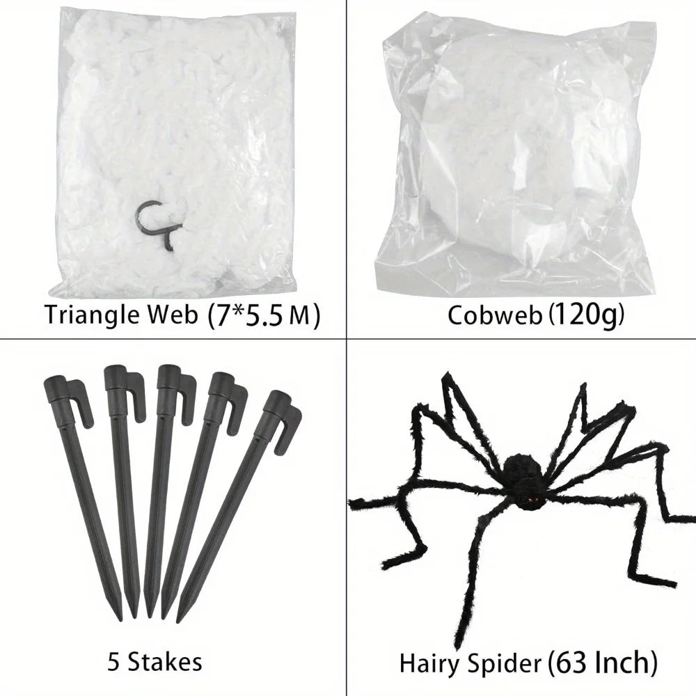 Halloween Decoration Outdoor 59'' Giant Spider with 400 sqft Spider Web Outside Decor, Stretchy Triangular Spiderweb 23 x 18 ft for Yard Haunted House Indoor Decor Supplies, Photobooth Props