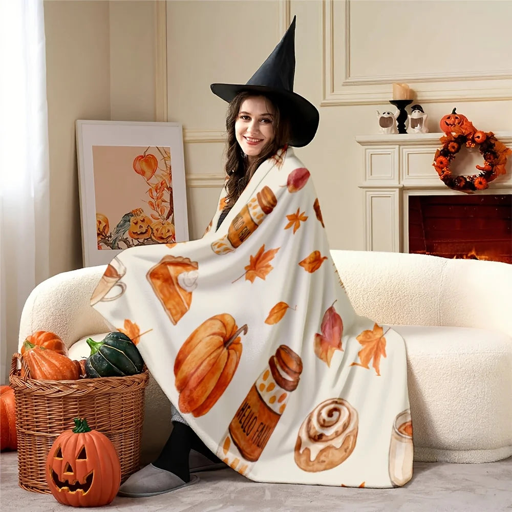 1pc, Autumn Pumpkin And Maple Leaf Pattern Flannel Blanket, Soft And Comfortable, Single-Sided Print, Suitable for Sofa And Camping And Office Nap Blanket, Thanksgiving Christmas Halloween Holiday Gift Blanket