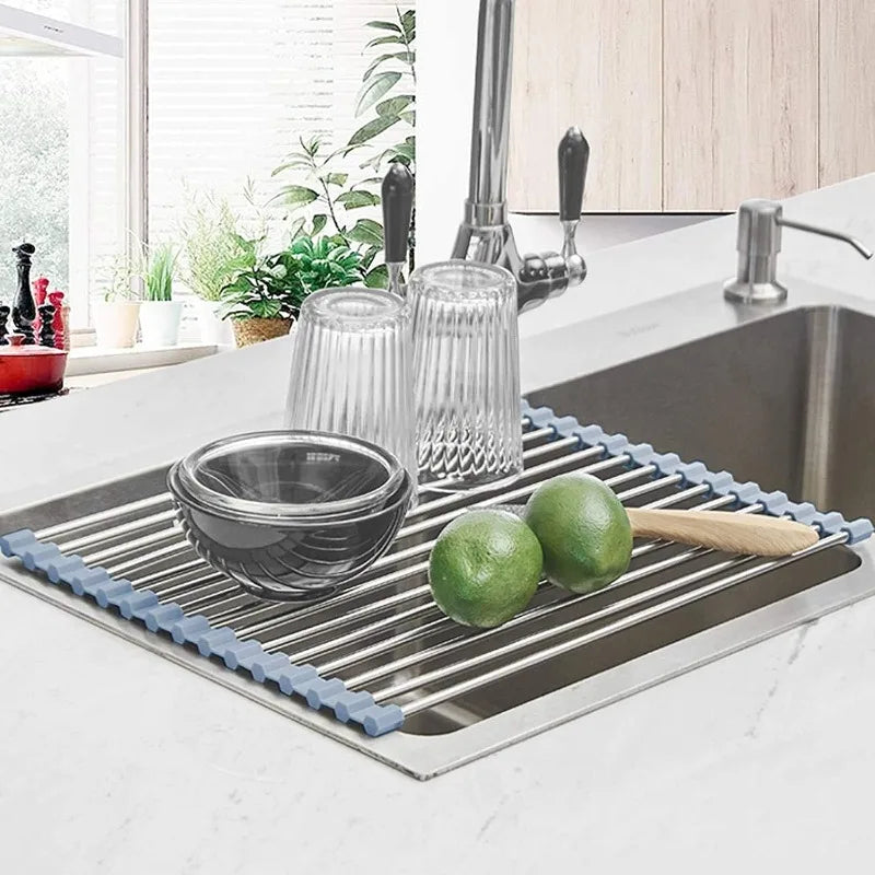 Roll Up Dish Drying Rack, Over the Sink Dish Drying Rack Kitchen Rolling Dish Drainer, Foldable Sink Rack Mat Stainless Steel Wire Dish Drying Rack for Kitchen Sink Counter Storage 17.5x11.8