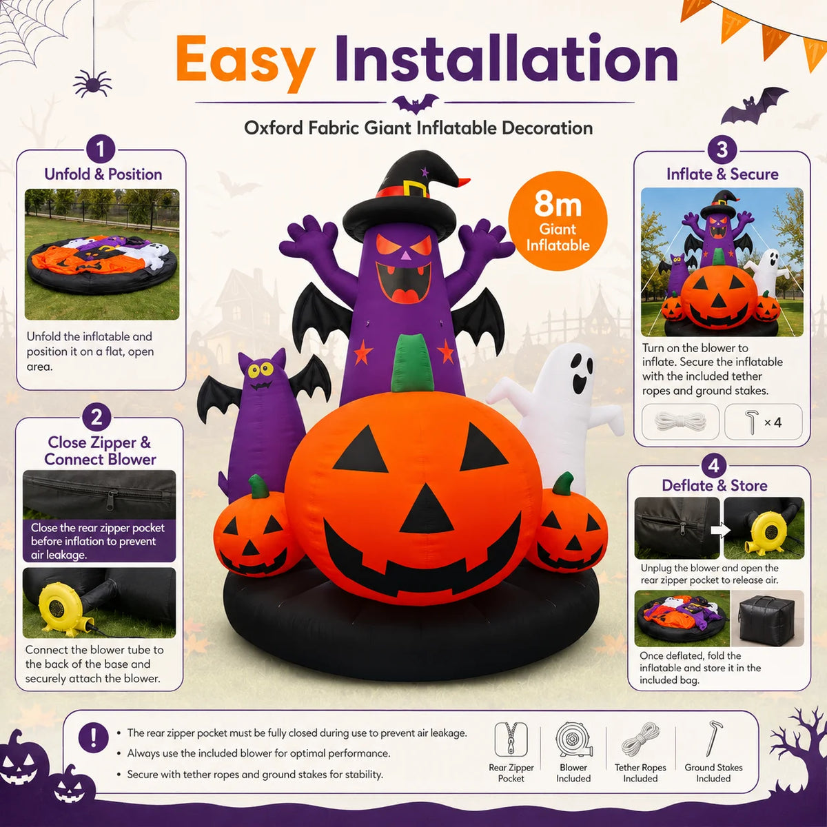Giant 8m/26ft Inflatable Halloween Pumpkin 3-Story High with Fan - Oxford Cloth Skeleton Man Costume for Outdoor Decoration
