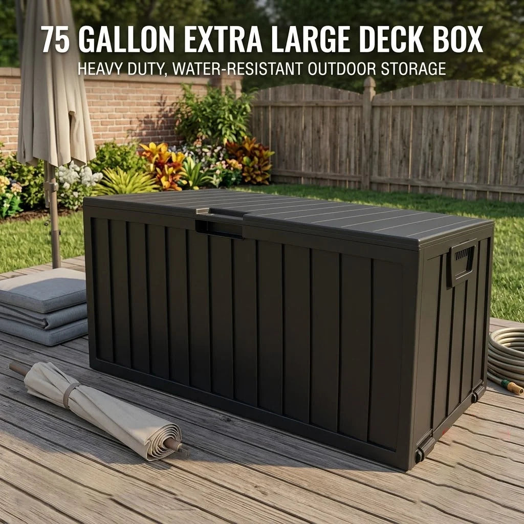 75 Gallon Large Outdoor Deck Box with Lockable Lid & Heavy-Duty Hinged Door - White/Green Heavy-Duty Plastic Storage Container,