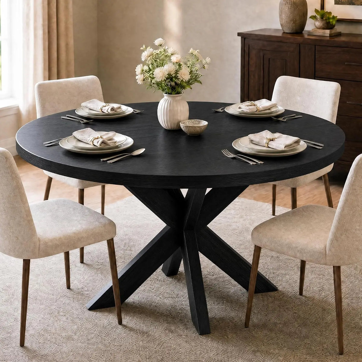 47" Round Dining Table For 4-6, Farmhouse Wood Kitchen Table With X Pedestal Base, Circle Table For Dining Room Apartment Restaurant