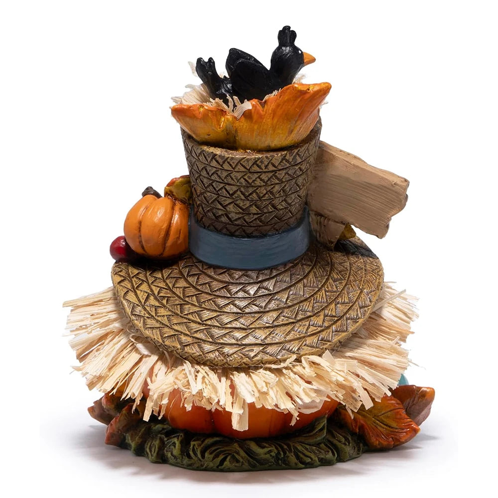 Hodao Resin Thanksgiving Harvest Scarecrow Figurine Figure Model, Pumpkin Face Autumn Decor with Give Thanks Sign & Cute Black Crows, Rustic Farmhouse Tabletop Statue with Straw Hat & Sunflower, Holiday Accent Ornament for Ho