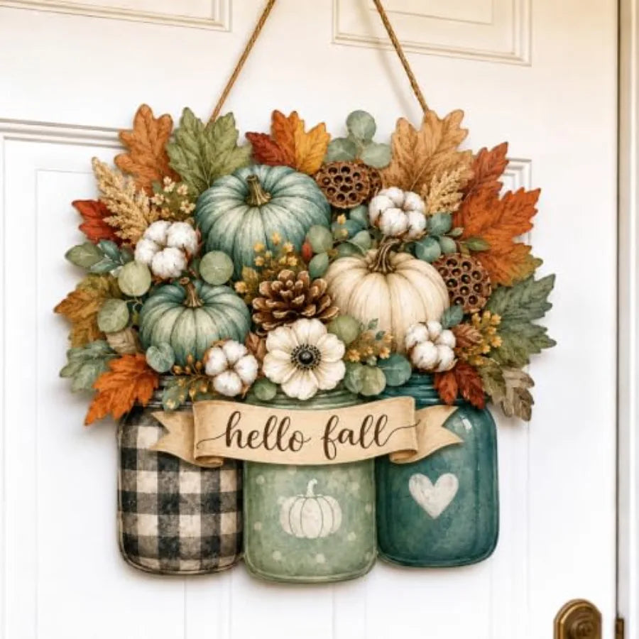 Fall Door Decor Wooden Hello Fall Sign, Pumpkin Truck Door Hanger Wooden Hello Fall pumpkin truck sign for front door, porch, w