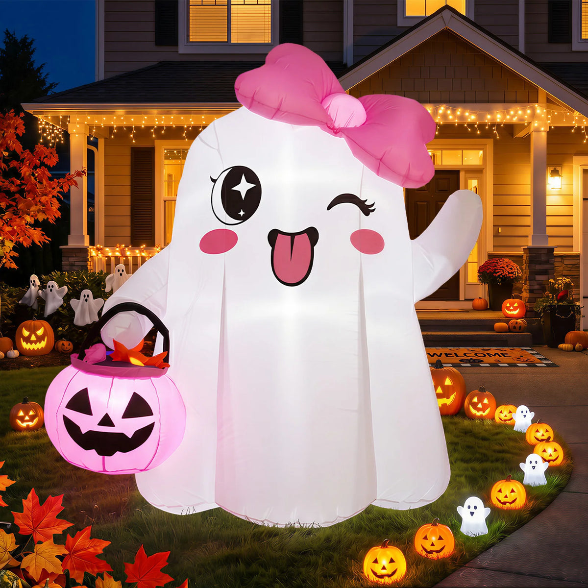 Halloween 5ft Inflatable Cute Ghost Decor with Pink Bow - Indoor/Outdoor Party, Store, and Event Venue Decoration