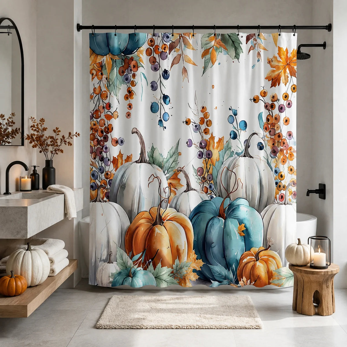 One Halloween Shower Curtain Featuring Vibrant Pumpkins And Autumn Foliage, Designed for a Rustic Farmhouse Look. It Measures 71X71 Inches And Is Made of Polyester Fabric
