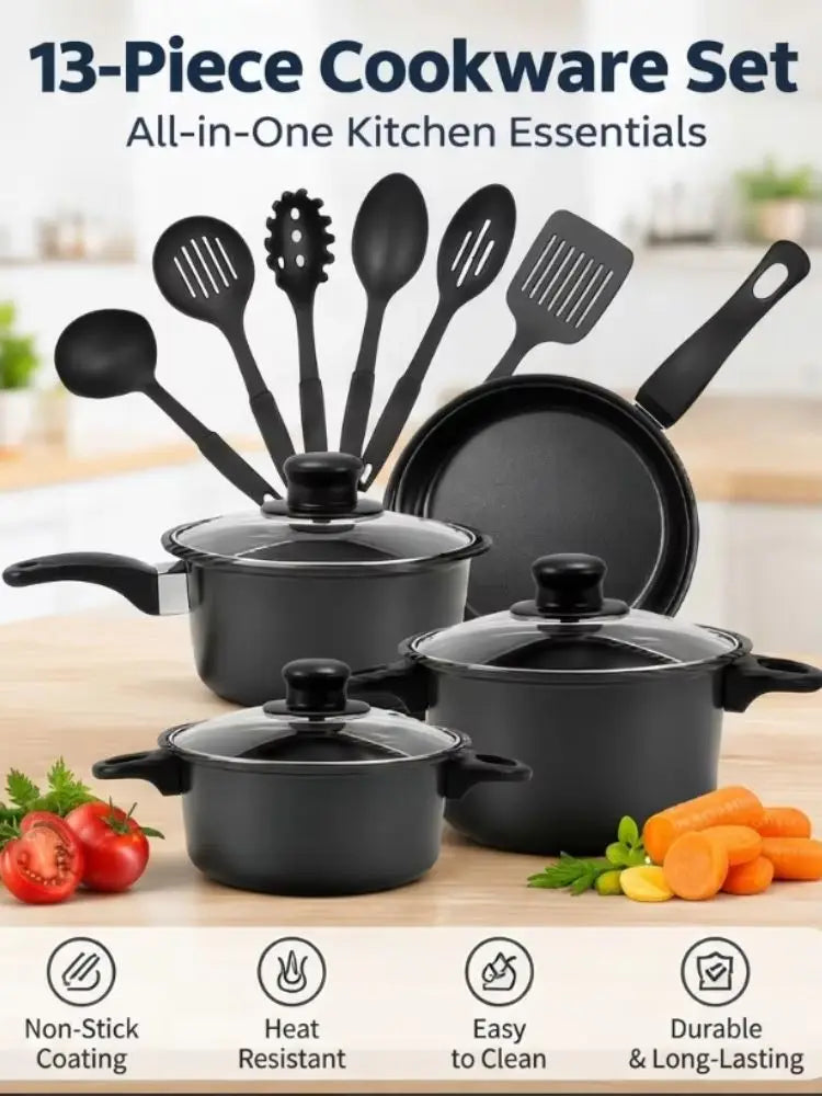 13PCS Nonstick Cookware Set Pots and Pans with Glass Lids Kitchen Cooking Utensils Set Induction Gas Electric Stovetop