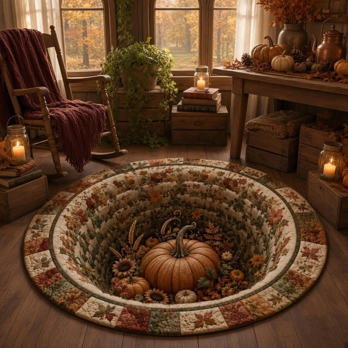 1PC Autumn Harvest Pumpkin 2D Illusion Circular Carpet, Thanksgiving Retro Maple Leaf Pattern Printed Carpet, American Rural Home Decoration, Suitable for Living Room, Bedhead, Bedroom, Home Floor Mat, Festival Party
