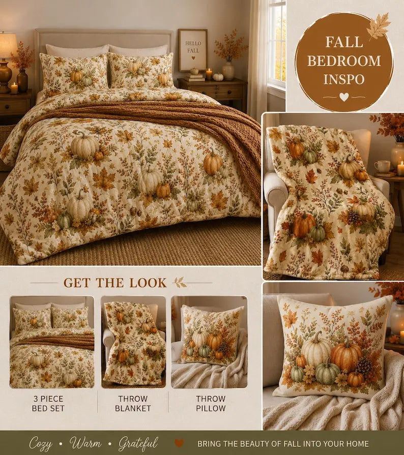 Autumn Pumpkins Velveteen Plush Blanket |   Fall Leaves Acorns Cozy Throw
