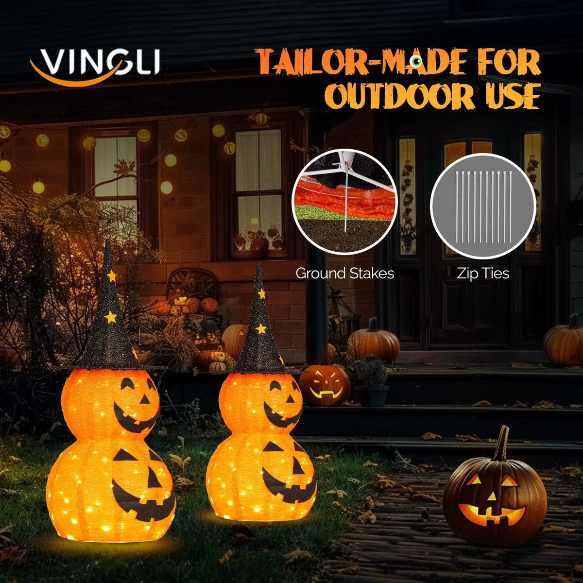2Pcs 3FT Halloween Collapsible Pumpkin Decorations with 150 Warm LED Lights, Pop Up Lighted Pumpkin Ornament for Yard Lawn Holiday Decor