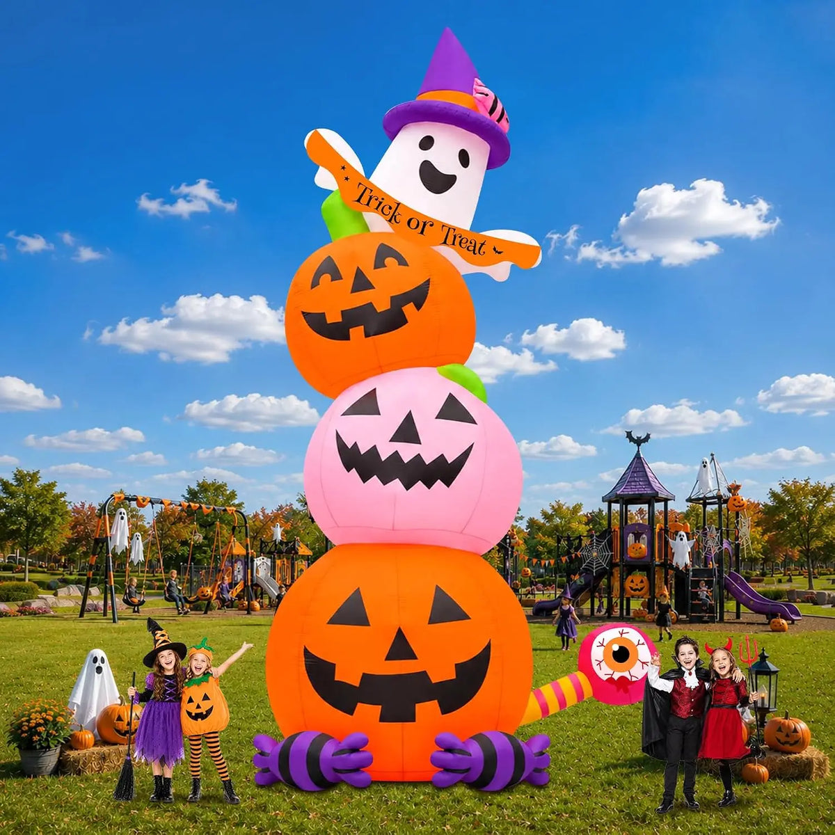 Halloween Inflatable Pumpkin Ghost, 20-Foot Tall Giant Blow-Up Yard Decoration with Built-In Lights for Garden, Lawn, Indoor & Outdoor Use