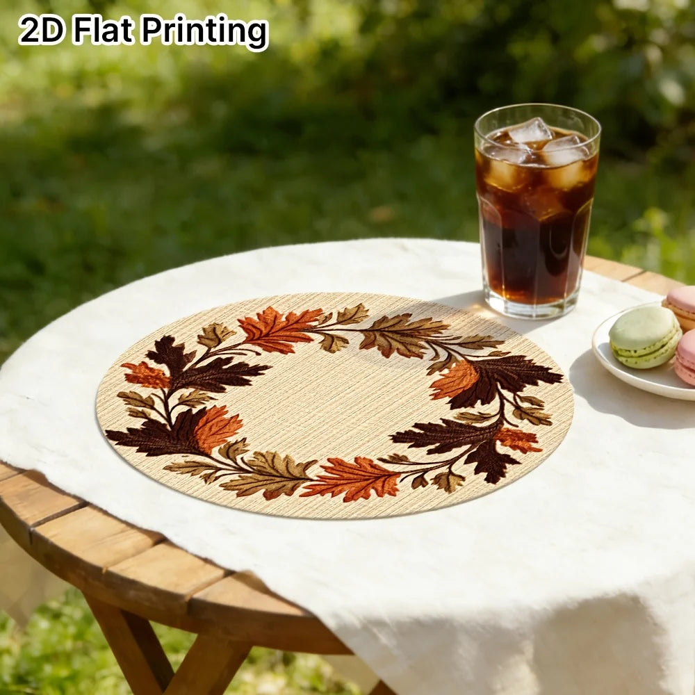 Set of 6 Round Placemats with Wooden Autumn Leaf Wreath, Non-slip Design, Ideal for Minimalist Table Decor, Suitable for Hotels, Restaurants, Festivals, Parties or Family Gatherings