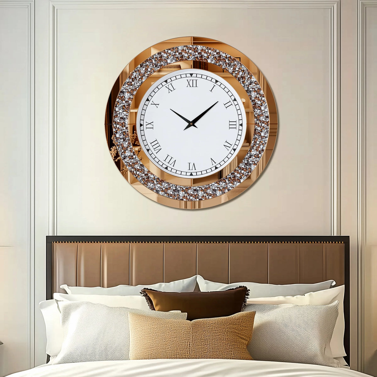 Large Wall Clock Silver Tawny Tinted Crushed Diamond Inlay Clock 80CM Round Decorative Mirrored Clock