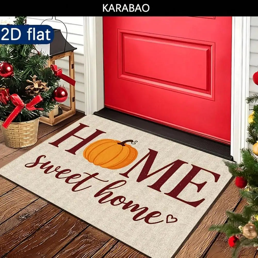 2D Flat, 1pc Autumn Pumpkin Theme "HOME Sweet Home" Cozy Doormat, Beige Fabric With Orange Pumpkins And Burgundy Lettering, Suitable For Doorway Decoration