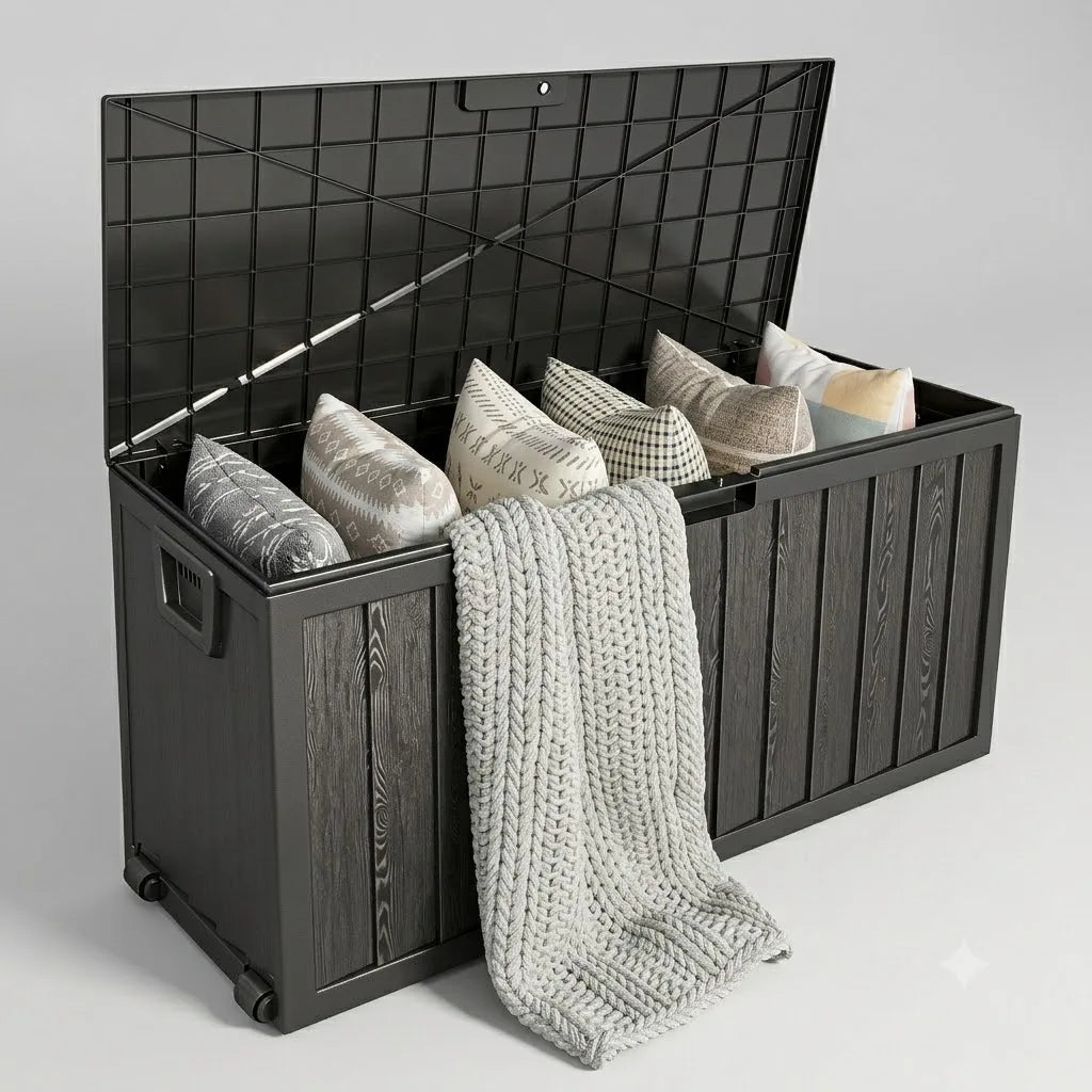 Oversize 44.09×18.90×21.26 Inch Outdoor Plastic Storage Box, Beige Heavy Duty Tool Chest with 6 Split Panels. Comes with 3 latches, 2 connecting ropes & 2 rolling wheels. Waterproof UV-resistant hard plastic, large capacity