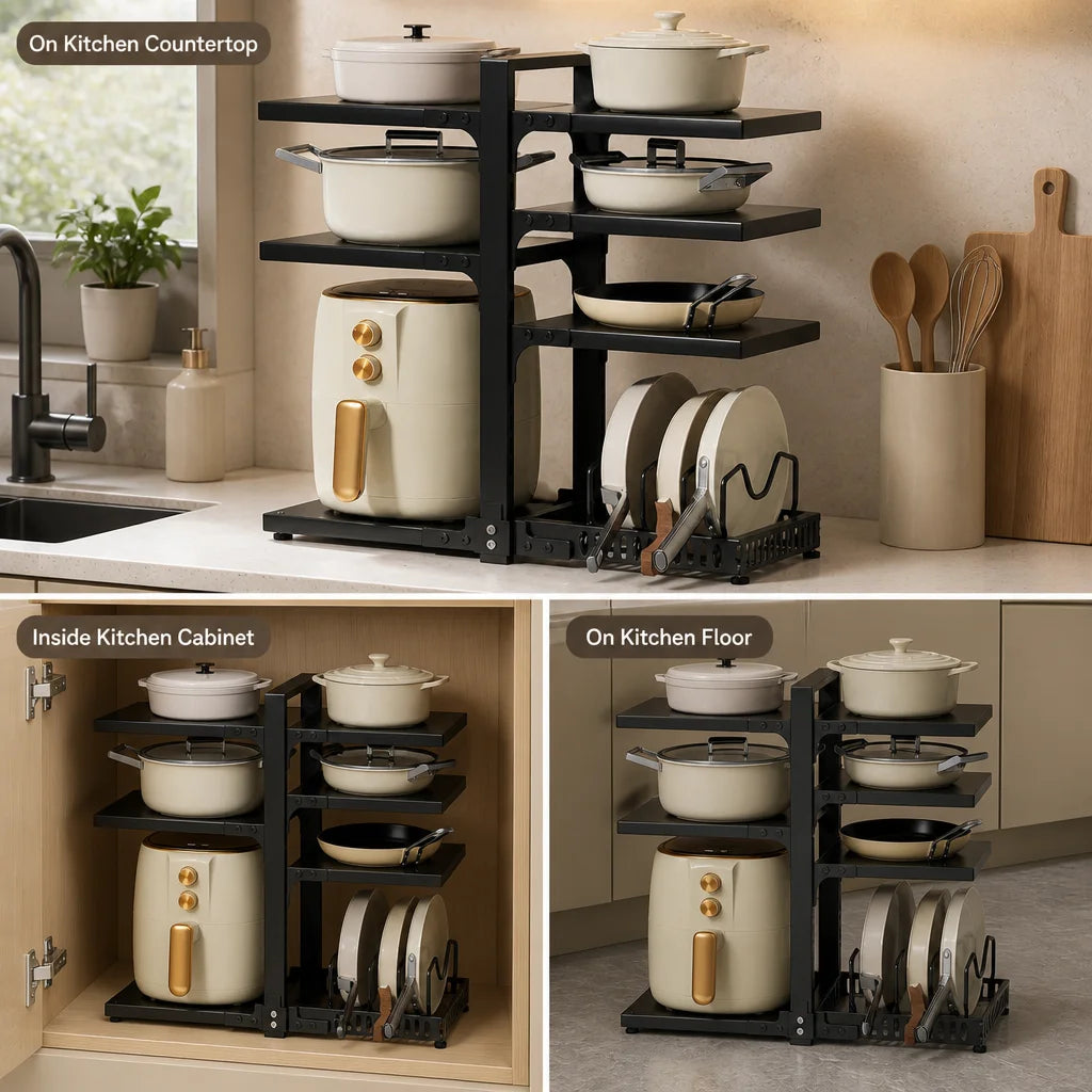 A Height-Adjustable 7-Layer Adjustable Stainless Steel Kitchen Storage Rack, Kitchen Storage Shelf, Multi-Layer Drain Organizer for Pots, Pans and Tableware, Painted Finish, Black, Kitchen Storage | Shelf, Kitchen Sink Under