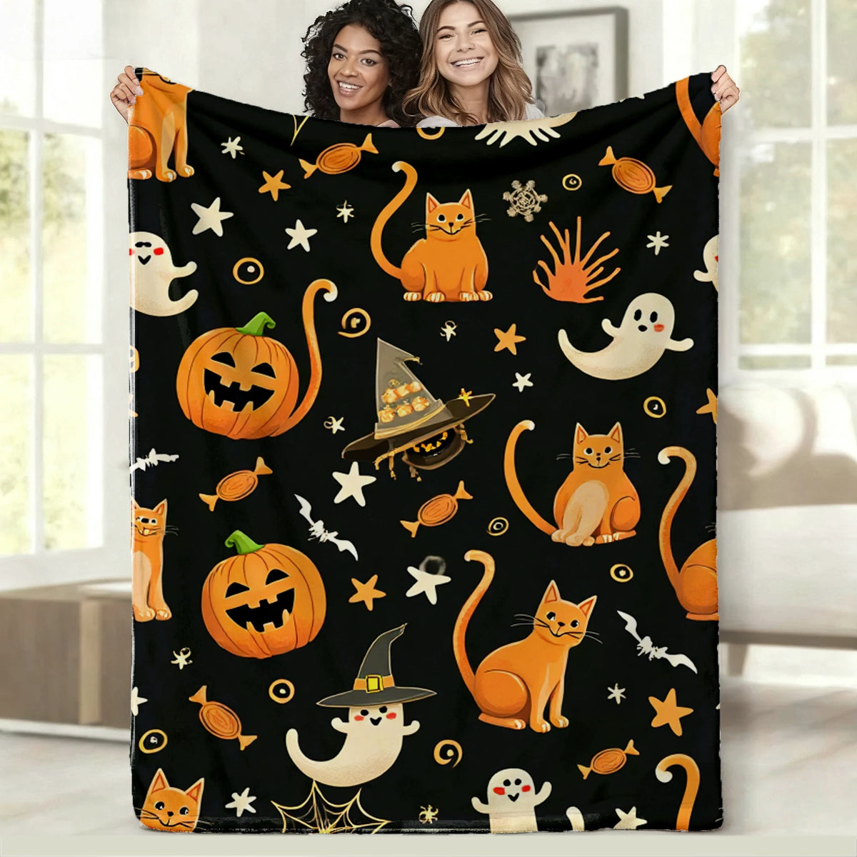 Halloween Flannel Throw Blanket Suitable for All- Cozy Bedspread with Playful Orange Cats, Ghosts & Jack-o'-Lanterns on Black - Soft Machine Washable Bedspread for Room,, or Decor - Ideal Holiday Gift for Year-Round