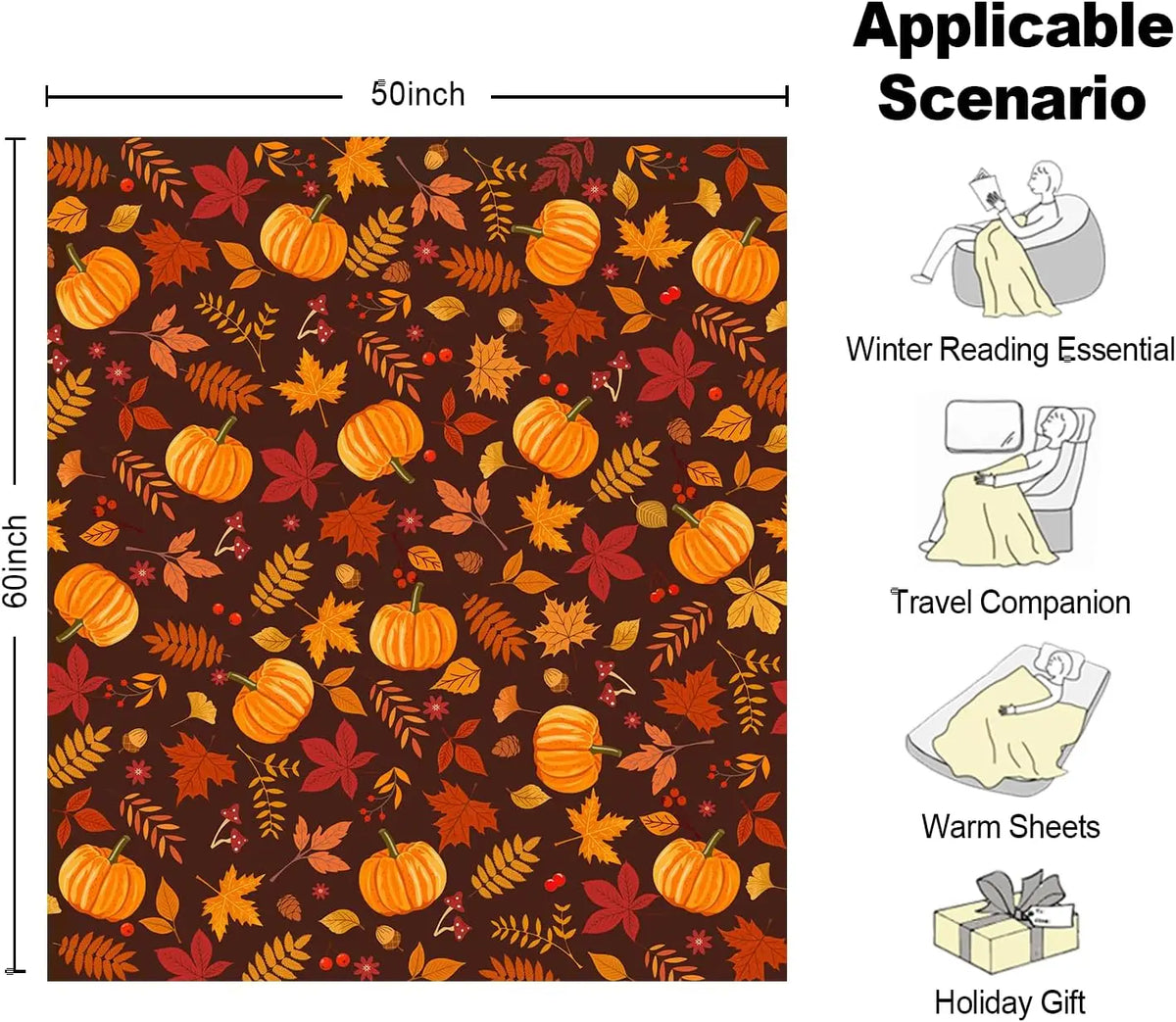 50"x60" Fall Pumpkin Maple Leaf Throw Blanket, Red Brown Soft Flannel Fleece Blanket, Warm Cozy Thanksgiving Harvest Decorative Blanket for Sofa Couch Chair, Fall Home Gift for Family Friends