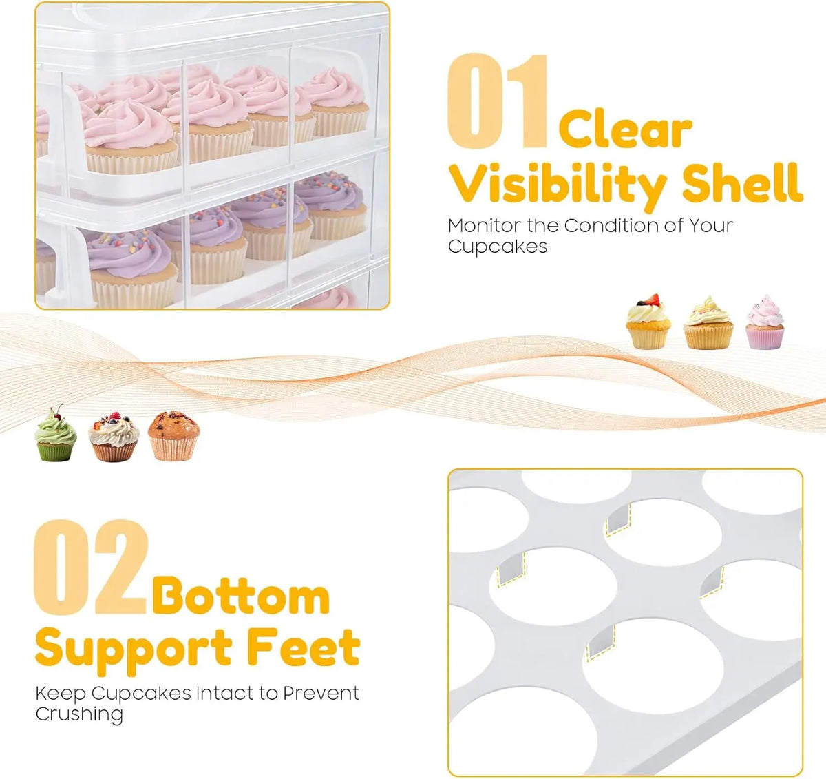 4-Tiers Cupcake Carrier, Cupcake Holder, Cupcake and Brownie Storage Container, Stacking Cupcake Storage Container Store up to 48 Cupcakes