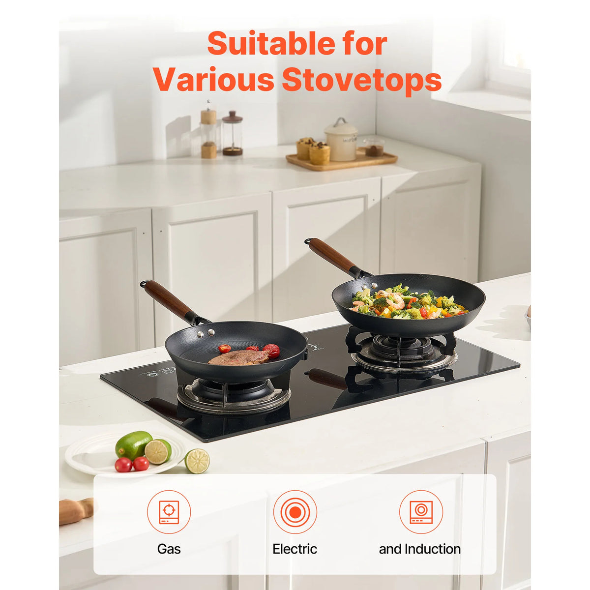SucceBuy Cast Iron Skillet 3-Piece Frying Pan Set Nonstick Skillets with Wood Handle Kitchen Cookware for Gas Electrical Black