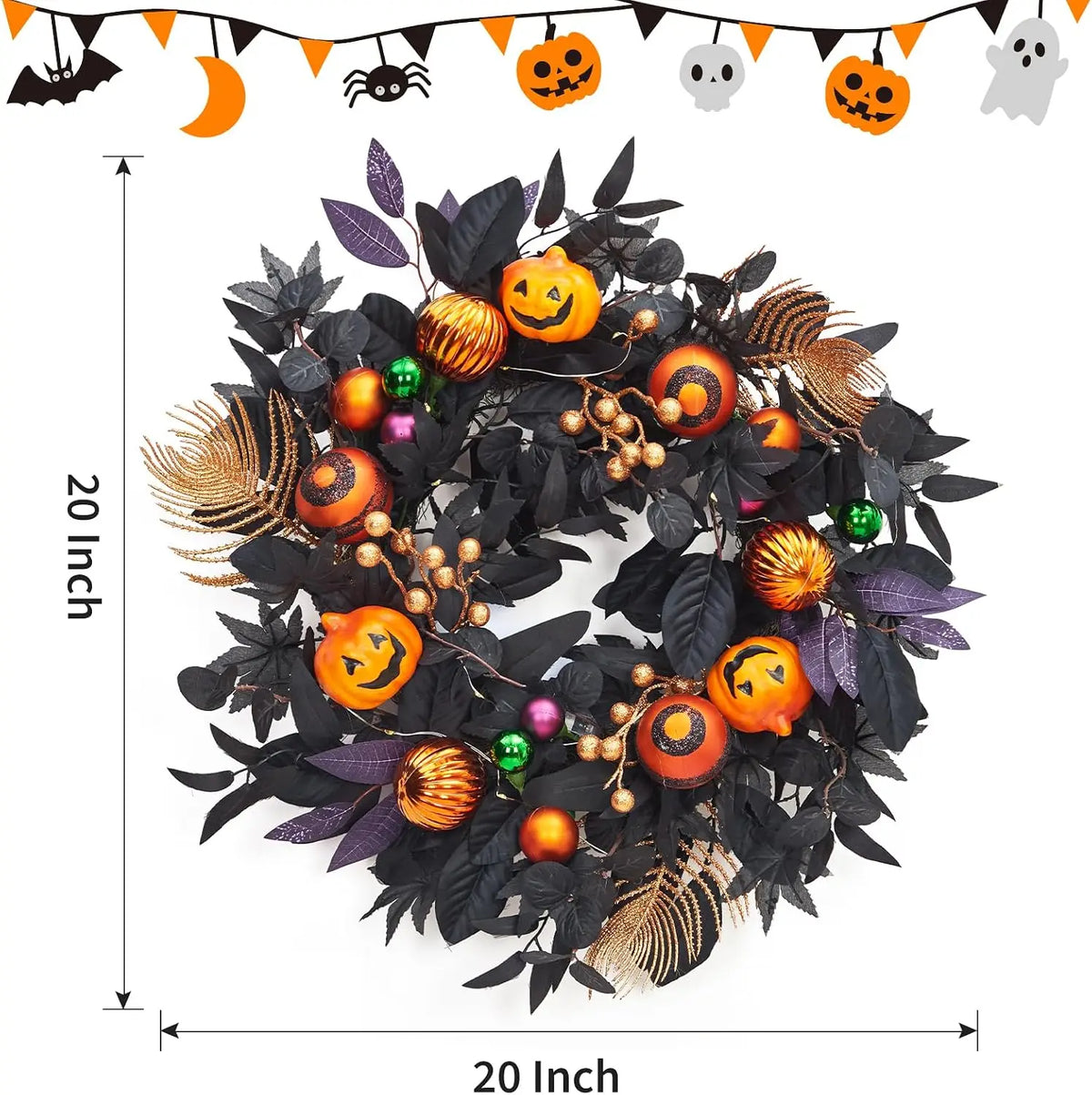 Tacleekii Halloween Pumpkin Wreath 20 Inch Pre Lit Wreath with LED Lights Maple Leaves and Berries Halloween Front Door Hanging Decor