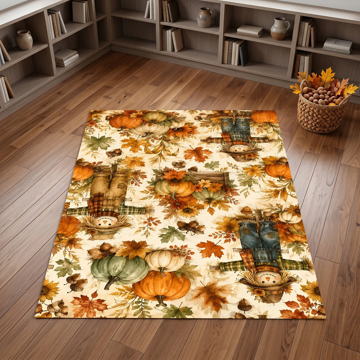Scarecrow, Pumpkin, Autumn Maple Print, American Retro Style, Living Room, Entryway, Bedroom, Autumn and Winter Velvet Rug Creates a Warm Autumn Harvest Atmosphere