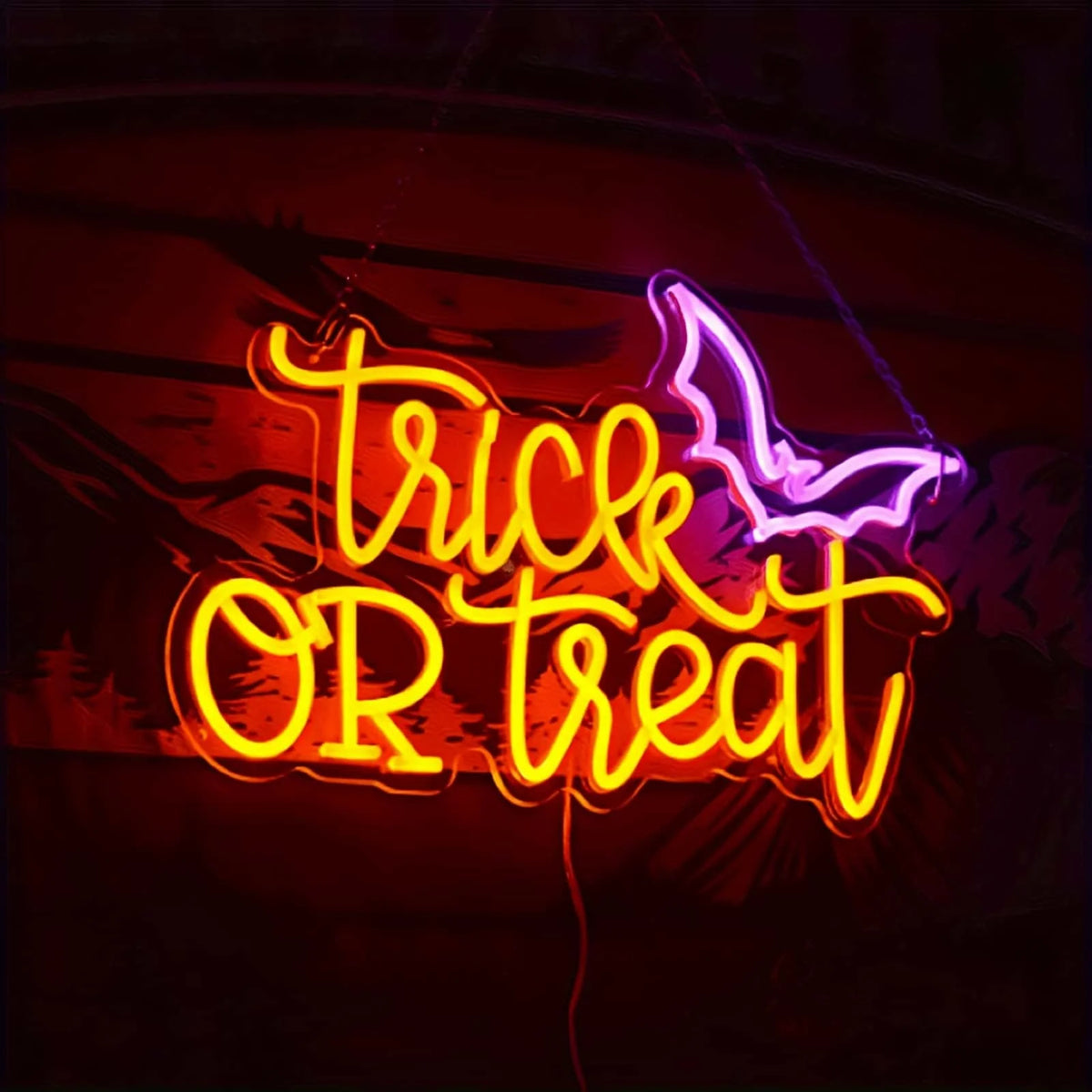 USB Powered Trick OR Treat LED Neon Sign with Bat Halloween Neon Light Wall Hanging Lamp for Party Home Bar Bedroom Window Holiday Decor
