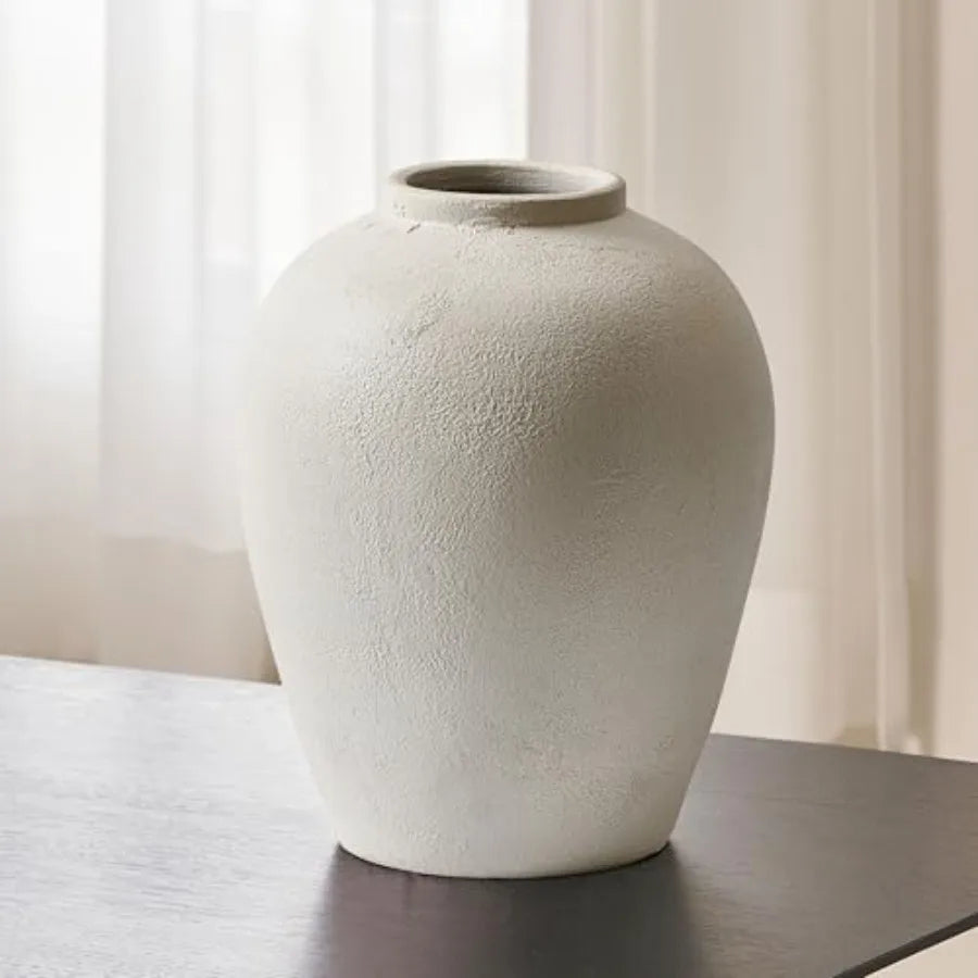 White Ceramic Large Vase 12.7 Tall for Home Decor Zen Style Terra Cotta Pitcher Look Distressed Farmhouse Finish Pottery Flower